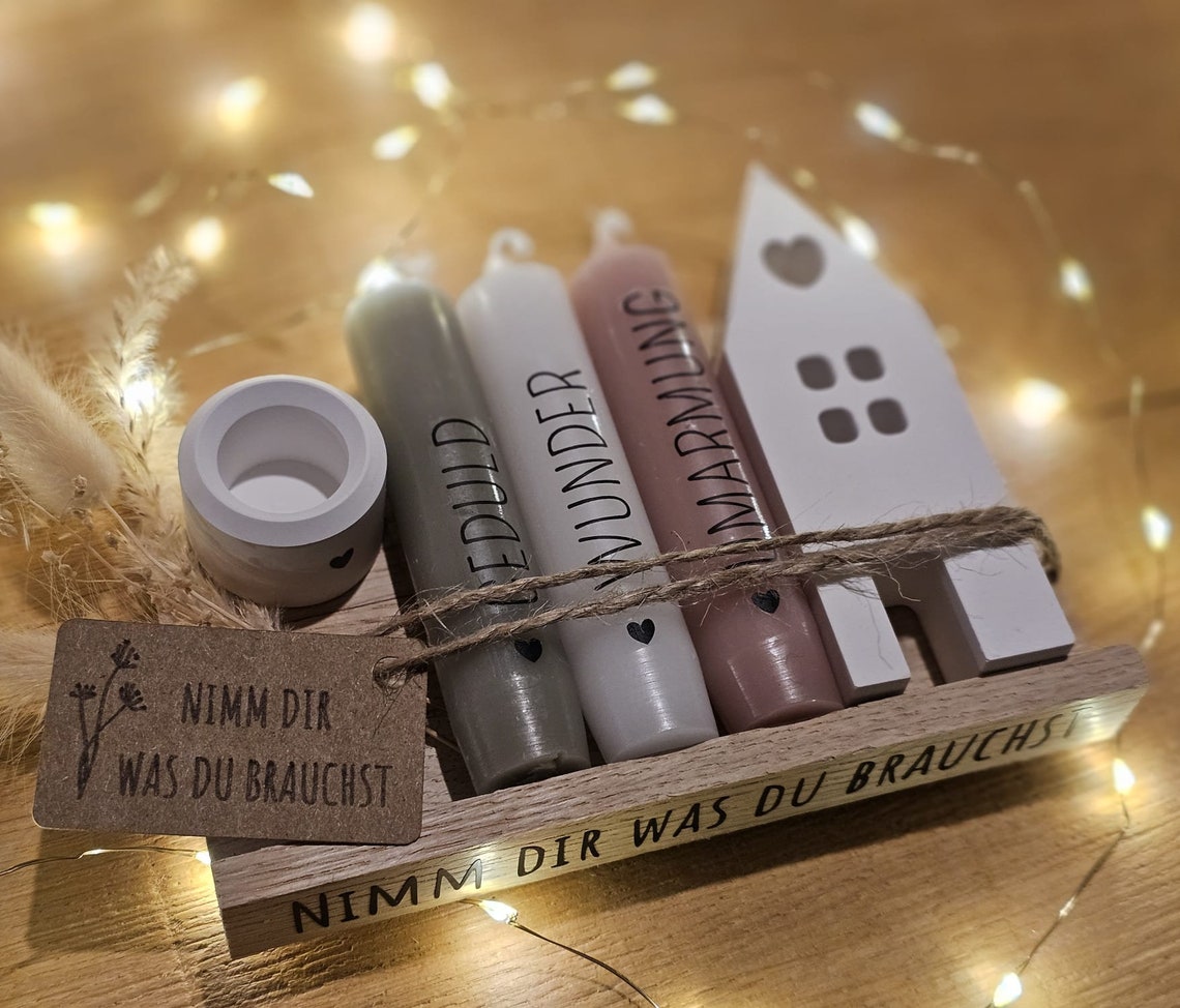 Geschenkset Kerze Nimm dir was du brauchst Stabkerze in Holzverpackung