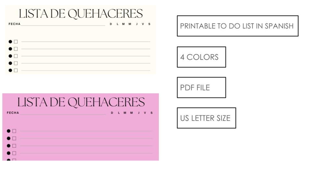 Printable to Do List in Spanishlista De Quehaceresdaily, Weekly Todo
