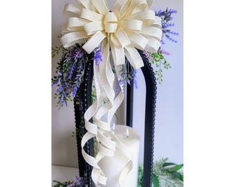 Ivory Floral Wired Ribbon Bow: Wedding Wreath, Lantern Decor