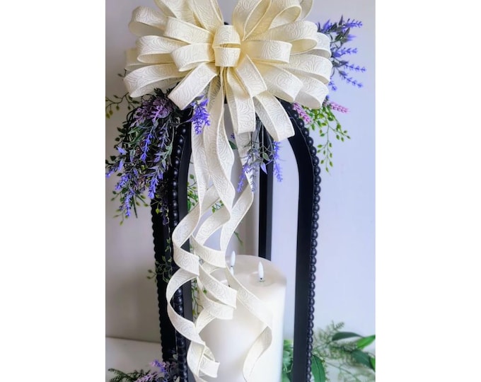 Ivory Floral Wired Ribbon Bow: Wedding Wreath, Lantern Decor