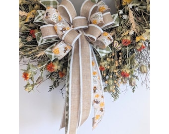 Bee Print Wreath Bow: Tan, White, Sage Floral, Spring Decor
