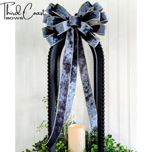 Large Blue Velvet Bow with Silver Lining: Wired Ribbon Decor (10x24in)