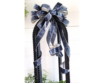 Large Chic Deluxe Blue Velvet Bow with Silver Lining, Wired Edges, and Free Shipping!