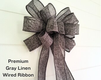 Gorgeous Gray 9x18in Linen Wired Ribbon Medium/Large Wreath Bow, Lantern Bow great for gifting too!