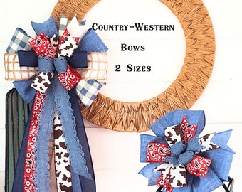 2 Sizes Country / Western Inspired Wreath and Lantern Bows - Red, White, and Moo! Denim. Bandana/Paisley, and Cow Print Bow