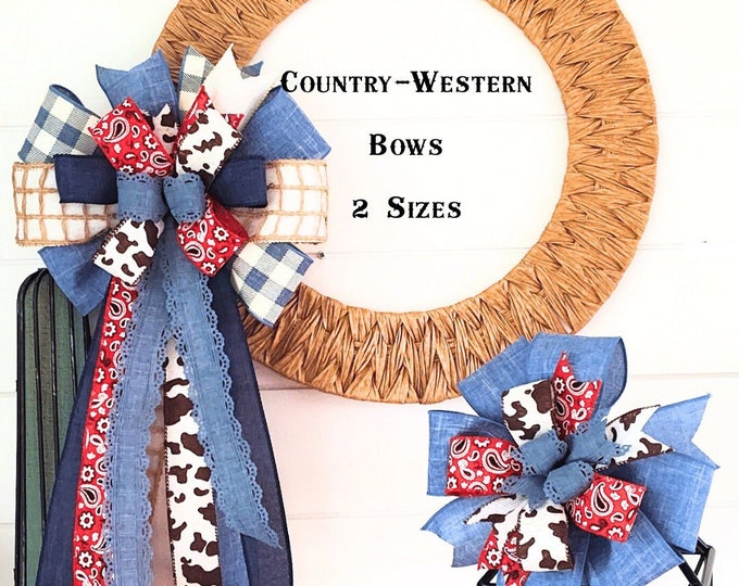 2 Sizes Country / Western Inspired Wreath and Lantern Bows - Red, White, and Moo! Denim. Bandana/Paisley, and Cow Print Bow