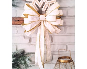 Large Deluxe Ivory Velvet Bow with Gold Lining, Wired Edges, and Free Shipping!