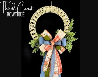 Charming Denim Rustic Floral Wreath and Bow  - Free Shipping! Great Country Casual Farmhouse Boho Summer Vibes