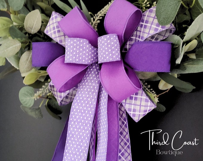 Lilac and Lavender Purple wired Floral  Spring Summer Wreath Bow, Lantern Bow, Free Shipping