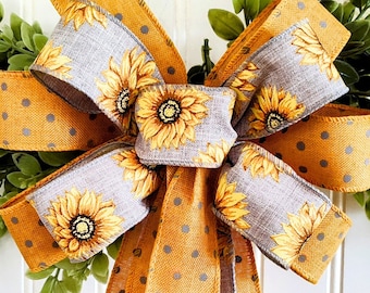 8x14  Sunflower Bow with Tails 1.5in Wired Ribbon Summer / Spring Lantern Bow, Wreath Bow, Indoor Summer Home Decoration