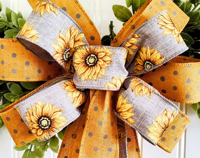 8x14  Sunflower Bow with Tails 1.5in Wired Ribbon Summer / Spring Lantern Bow, Wreath Bow, Indoor Summer Home Decoration