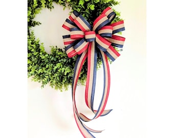 Patriotic Wreath Bow: Red, Tan, and Blue American Flag Decor