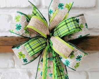 St. Patty's Day Wreath Bow Lime Green Natural Tan Shamrock print
