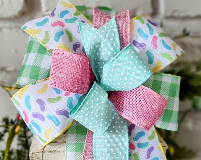 8x12 Jelly Bean Plaid Polka Dot Pastels Bow Great Lantern Bow, Wreath Bow, Easter Basket Decoration