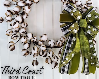 Handmade Green Floral Bow: Olive, Jade, Black/White Cotton Print