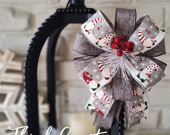 Gnome  Bow Handmade Holiday Christmas Bow use as a Wreath Bow, Lantern Bow, Ready to Ship!