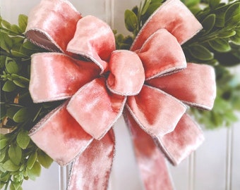 8x14in Deluxe Soft Pink Velvet with Silver Lining Wired Ribbon Bow for Holidays, Wedding / Special Events and Elegant Home decor