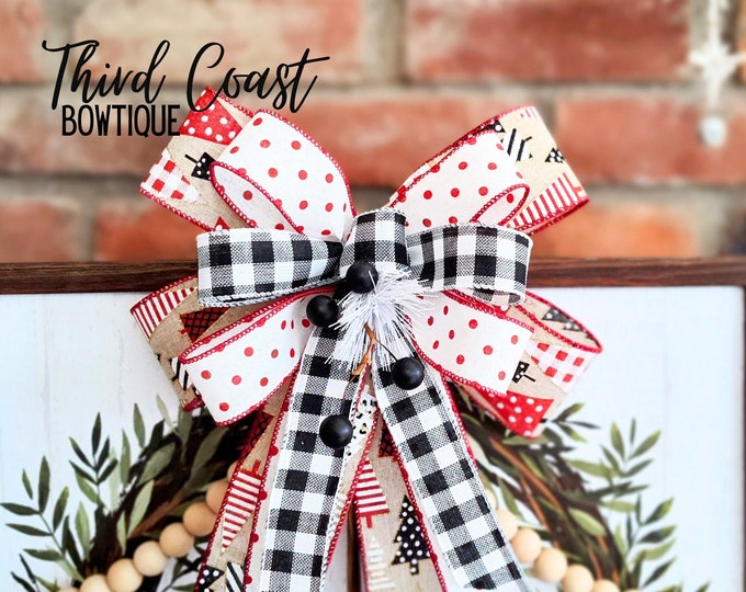 Modern Farmhouse Geometric Red  Black White Tan Christmas Bow for a Lantern, Wreath, Gorgeous Gifts and Decor