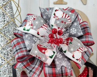 Gnome Christmas Bow, Multi Ribbon Holiday Decor (8x8in)