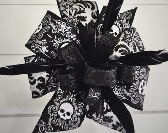 Gothic Halloween Wreath Bow with Black Feathers, Lantern Bow / Front Door Decoration FREE SHIPPING