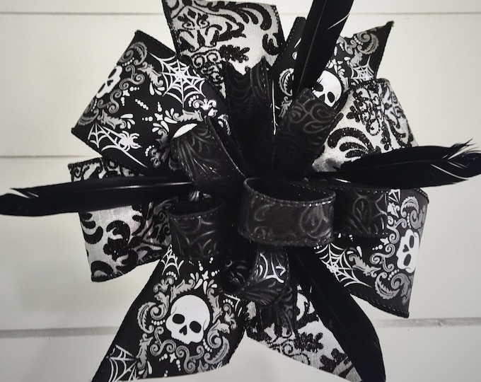 Gothic Halloween Wreath Bow with Black Feathers, Lantern Bow / Front Door Decoration FREE SHIPPING