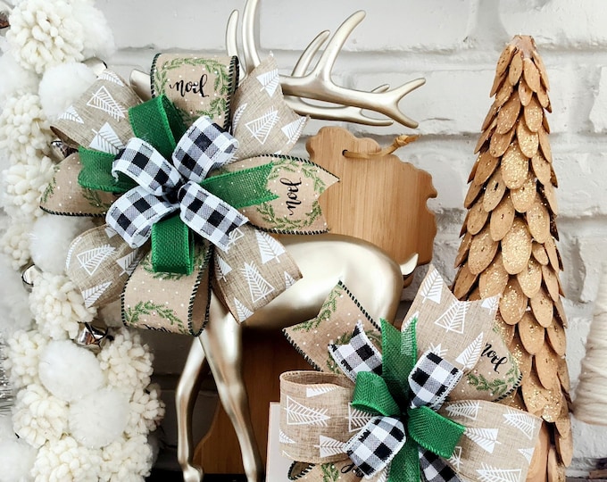 Gorgeous Holiday Lantern Bow, Swag Bow, Tree Topper, Wreath Bow in Black/White, Tan and Green- Rustic Modern Farmhouse Christmas Charm