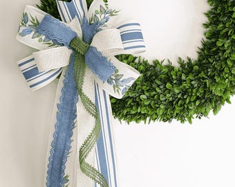Eucalyptus and Smoke Blue Wreath Bow Spring Summer Farmhouse Wired Ribbons