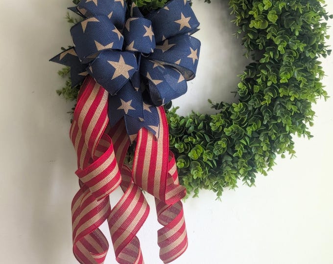Patriotic 4th of July Red Tan and Blue Wreath Bow
