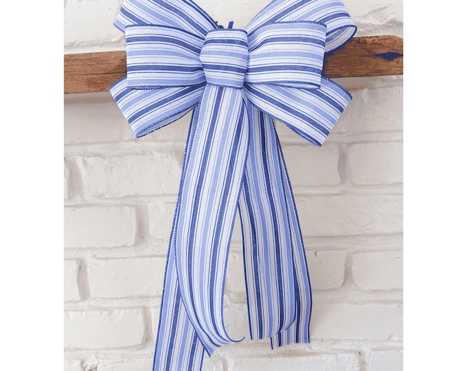 Linen Stripe Wreath Bow: Blue & White Spring Summer Decor (12x20in)