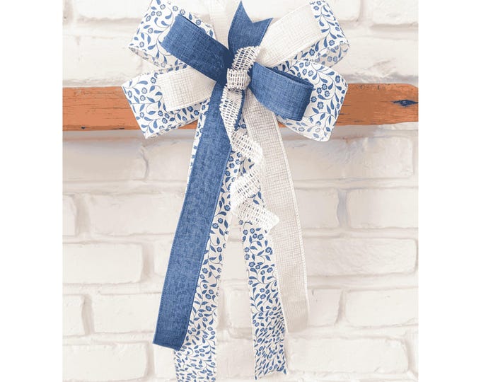 Cream and Blue Floral Wreath Bow Spring Summer Farmhouse Wired Ribbons