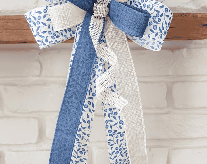 Cream and Blue Floral Wreath Bow Spring Summer Farmhouse Wired Ribbons