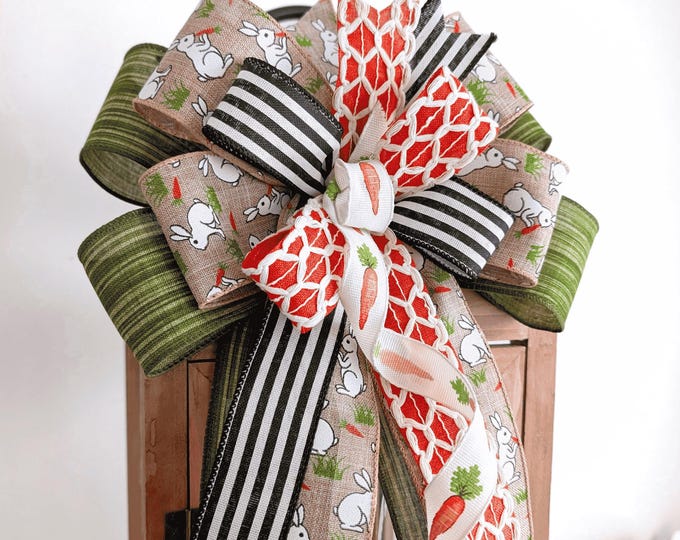 Easter Wreath Bow Neutral Bunny Carrot Spring Wired Ribbon