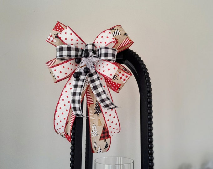 Farmhouse Christmas Bow: Red, Black, White Plaid Wired Ribbon