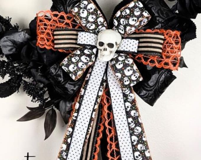 Skull Print Halloween Wreath Bow: Orange, Black & White Ribbon