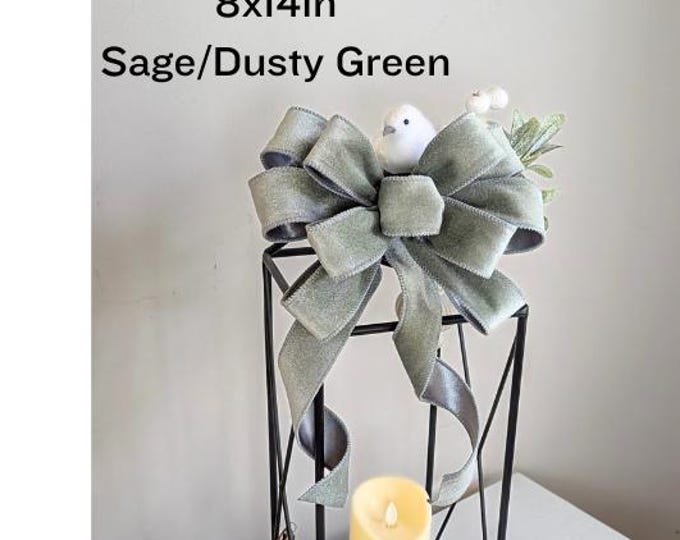 8x14in Sage/Dusty Green Velvet with Satin finish Pastel Candy Christmas Wreath Lantern Bow