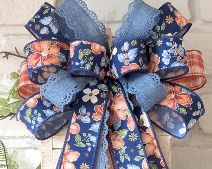 Blue Floral Wreath Bow: Denim, Plaid, Spring/Summer Decor (10x16in)