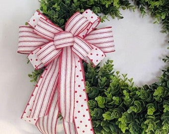 9x14in Red and White Linen Fun Geometric Red and White Bow, Free Shipping, Valentine's Wreath Bow