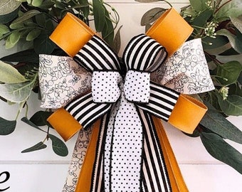 9x16 Large Chic Summer Black, White, Yellow Modern Wreath Bow, Lantern Bow - FREE Shipping.