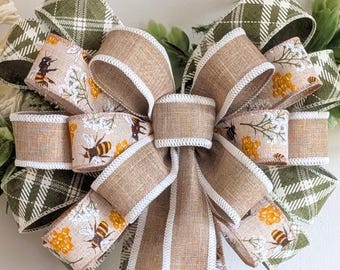 10in wide, 18-30in length Bee Print with Tan White Sage Floral Spring/Summer Wreath Bow, Door hanger Bow, Lantern Bow with Free Shipping!