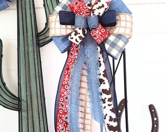 Country Western Wreath Bow: Denim, Bandana & Cow Print