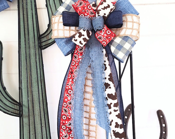 Country Western Wreath Bow: Denim, Bandana & Cow Print