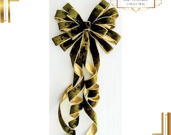 Olive Green Wired Ribbon Wreath Bow, Christmas Tree Topper Art Deco