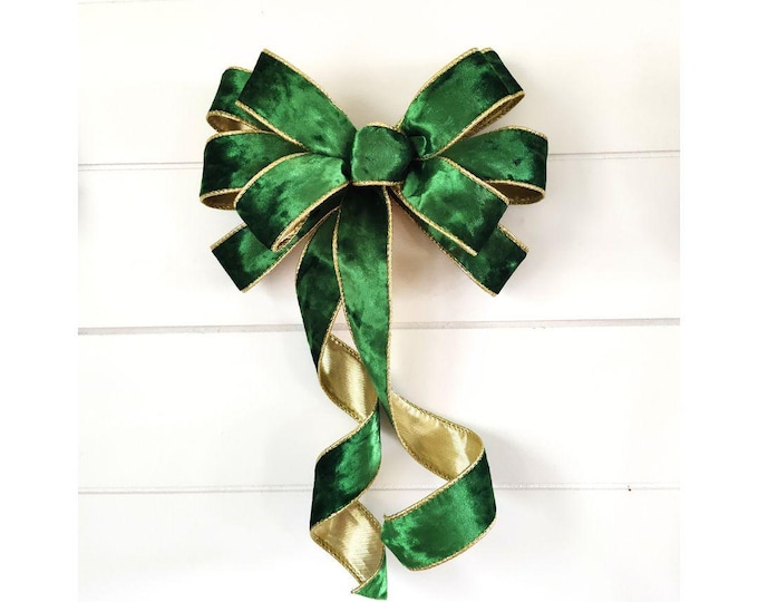 10x18in Emerald Green Velvet Gold Lining St. Patty's Day Wreathy Bow, Free Shipping