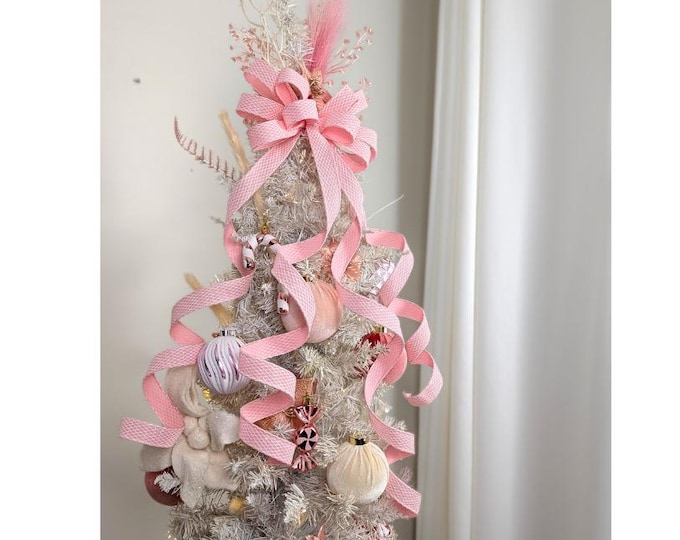 Pink Glitter Print Christmas Bow 3 Choices: Tree Topper, Wreath / Lantern Bow, Accent Bow set of 4