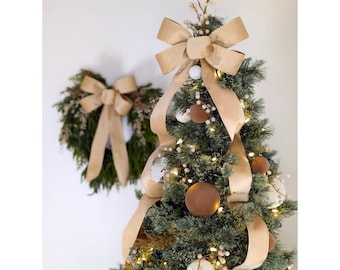 Tree Topper Bow, Beige Velvet with Gold Wired Edge, 12-Inch Wide