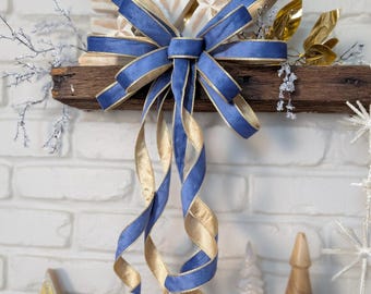 French Blue Velvet Bow with Gold Lining: Wreath, Tree Topper