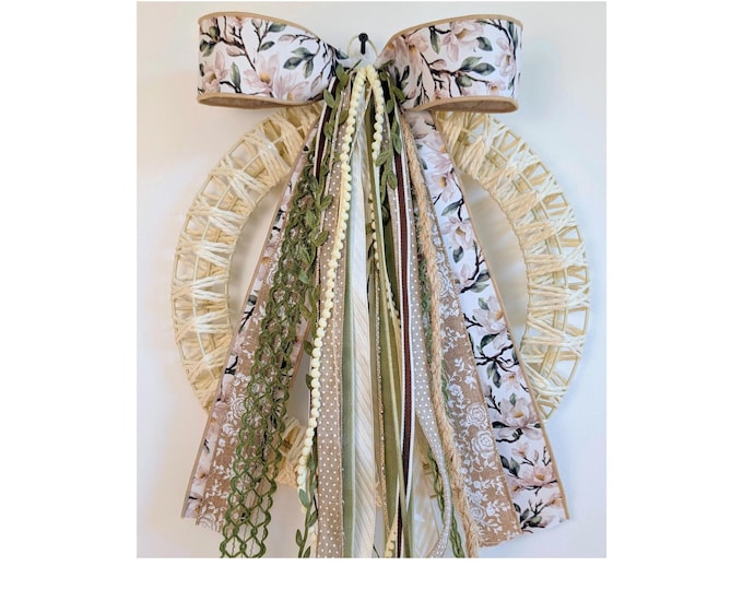 Magnolia Floral Print Ribbon Bundle Bow in Beige and Sage for Medium to Large Wreaths