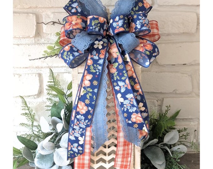 Blue Floral Wreath Bow: Denim, Plaid, Spring/Summer Decor (10x16in)