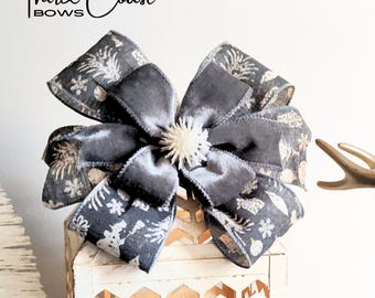 8x8 Gray / Grey and White Print and Velvet Holiday Christmas Bow use as a Wreath Bow, Lantern Bow, Ready to Ship!