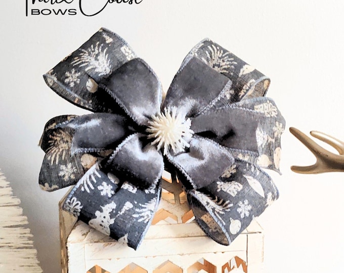 8x8 Gray / Grey and White Print and Velvet Holiday Christmas Bow use as a Wreath Bow, Lantern Bow, Ready to Ship!